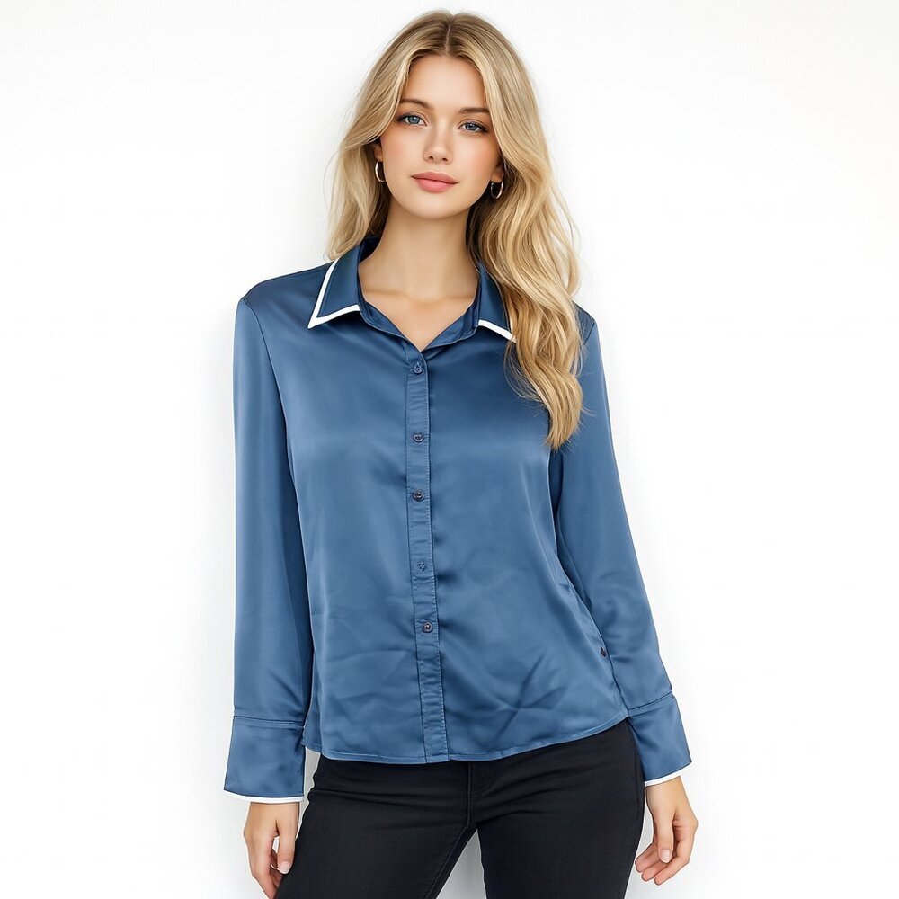 2/$30 MOTF Satin Contrasted Button-Down Shirt Deep Blue XS #A1504